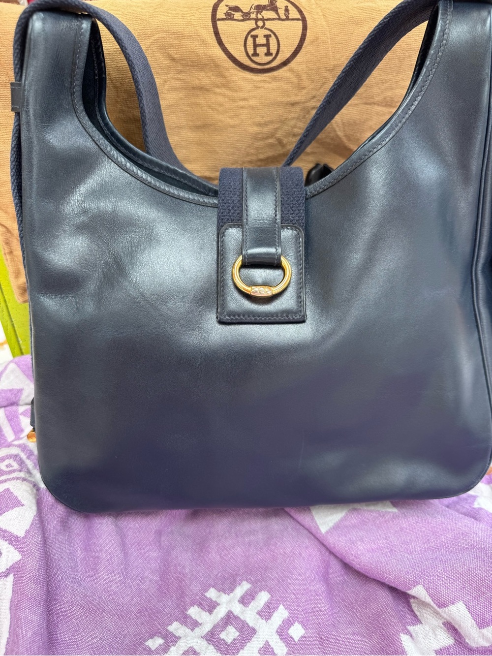 Hermes Tsako Vintage Navy Blue Leather Shoulder Bag